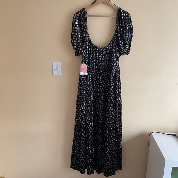 Arula B Maxi Dress Woman 2X Dark Floral Smocking Tiered Puff Sleeve Goblin Witch - Picture 3 of 16